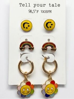 Kids Yellow Smiley & Rainbow Earring Set